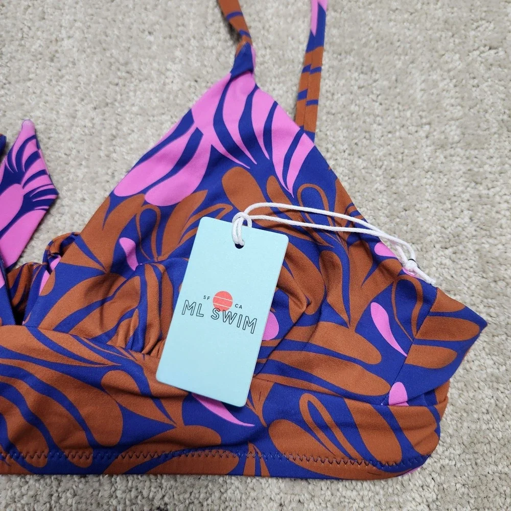 Marine Layer Plunge Bikini Top Women Medium Auburn Abstract Floral NEW Beach
